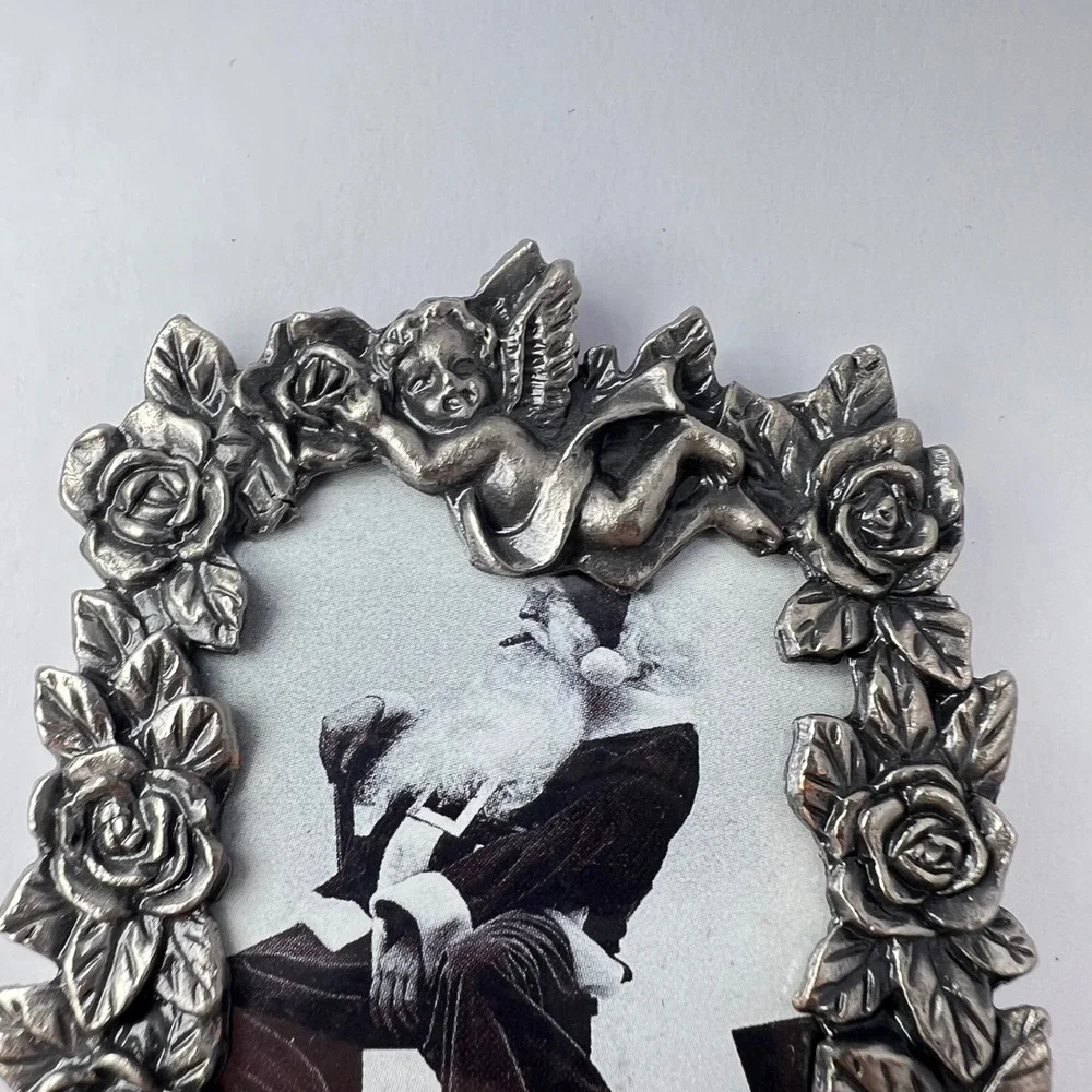 Vintage Mini Picture‎ Frame Silver Rose Cherub Small Pewter Tone Floral Decor